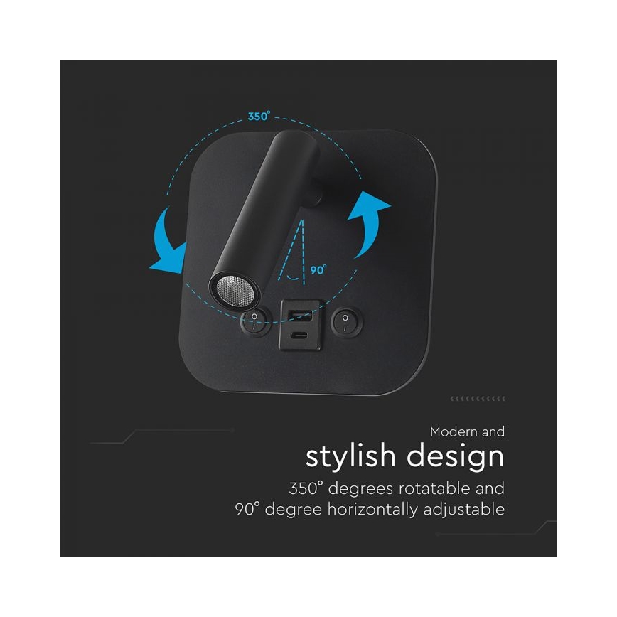 Applique murale orientable LED avec port USB LED/8W/230V 3000K noire