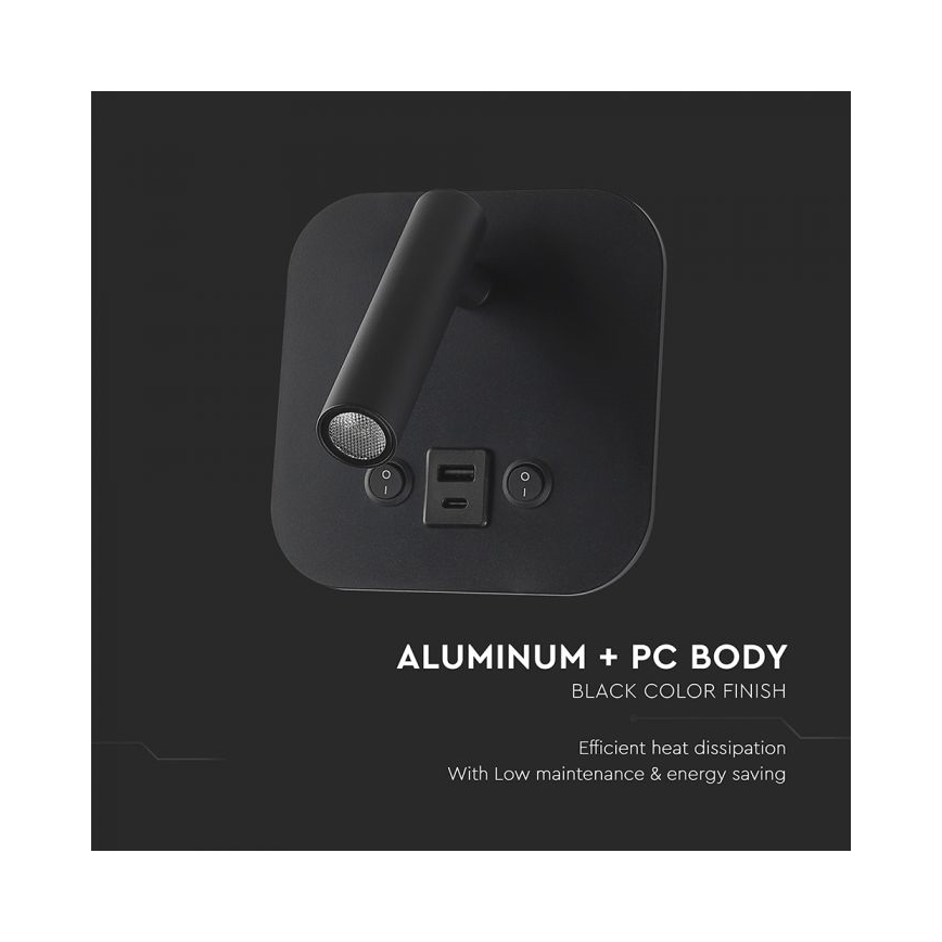 Applique murale orientable LED avec port USB LED/8W/230V 3000K noire