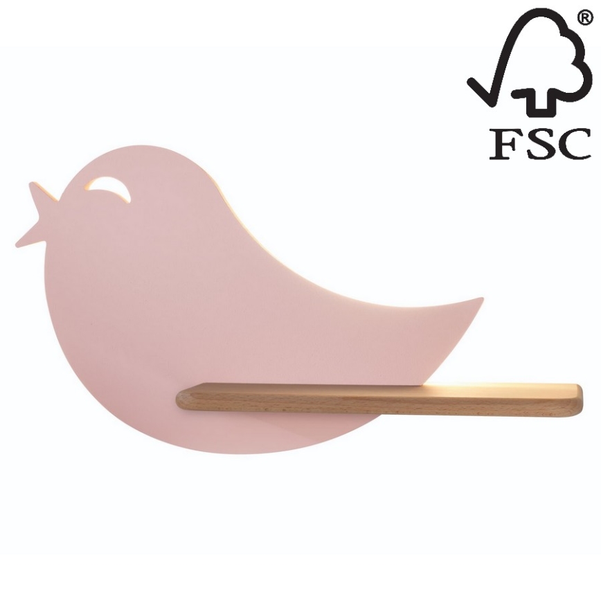 Applique murale pour enfant avec une étagère BIRD LED/5W/230V rose/bois - certifié FSC