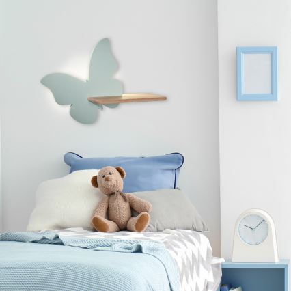 Applique murale pour enfant avec une étagère BUTTERFLY LED/5W/230V vert/bois - certifié FSC