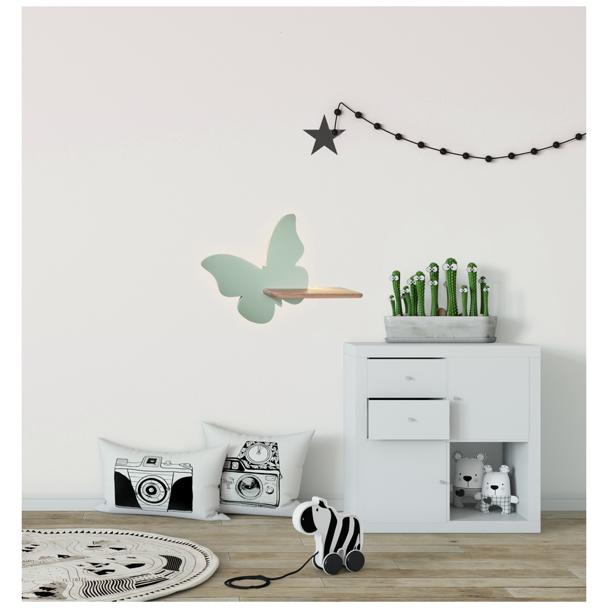 Applique murale pour enfant avec une étagère BUTTERFLY LED/5W/230V vert/bois - certifié FSC