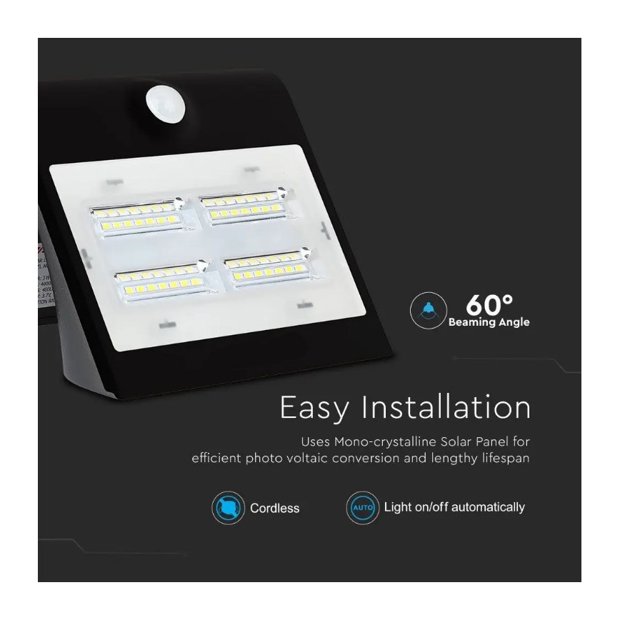Applique murale solaire avec détecteur LED/3W/3,7V 3000/4000K IP65 noir
