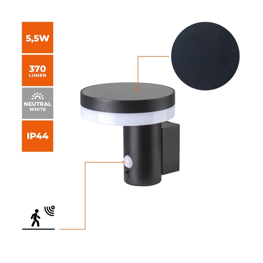 Applique murale solaire avec détecteur SOLARIS3 LED/5,5W/3,7V 4000K IP44 2600 mAh
