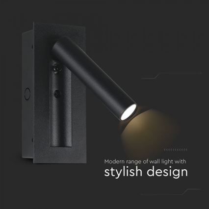 Applique murale spot LED 2 W, 230 V, 3000 K, noir