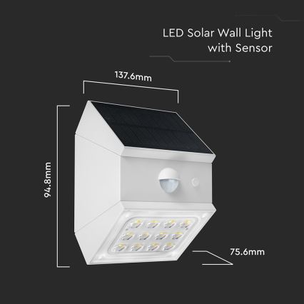 Applique solaire murale LED à capteur LED/2,5W/3,7V 3000/4000/6000K IP65 1200 mAh blanc