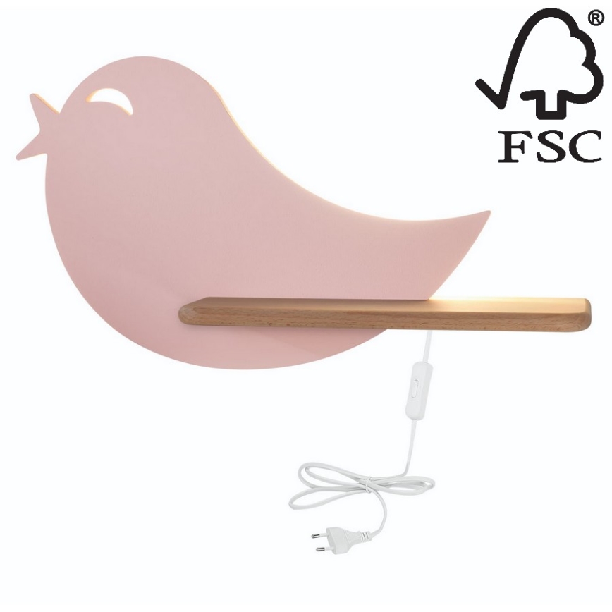 Appllique murale étagère enfant BIRD LED/5W/230V rose/bois
