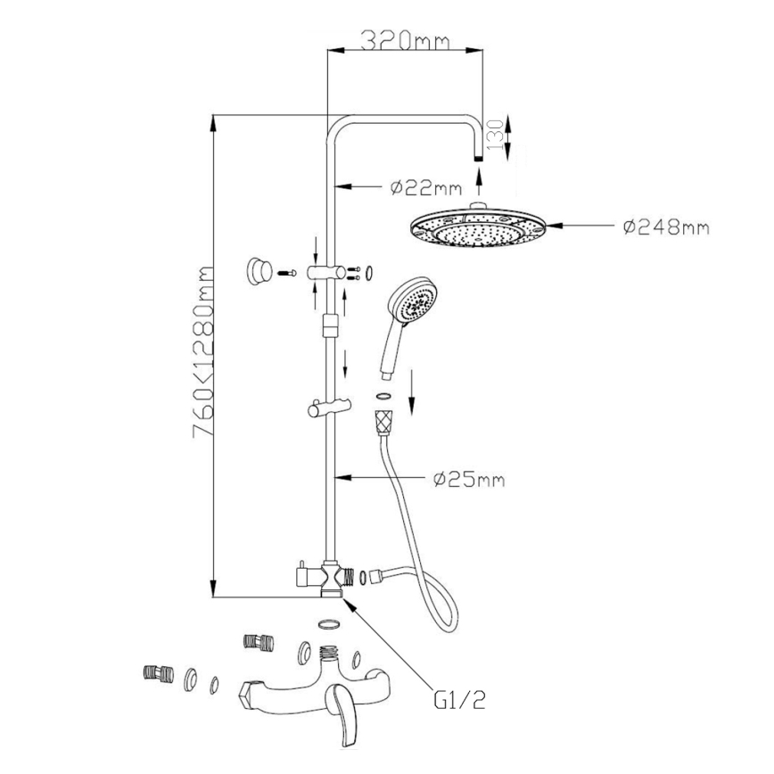 Aqualine - Ensemble de douche KASIOPEA avec mitigeur, chromé brillant