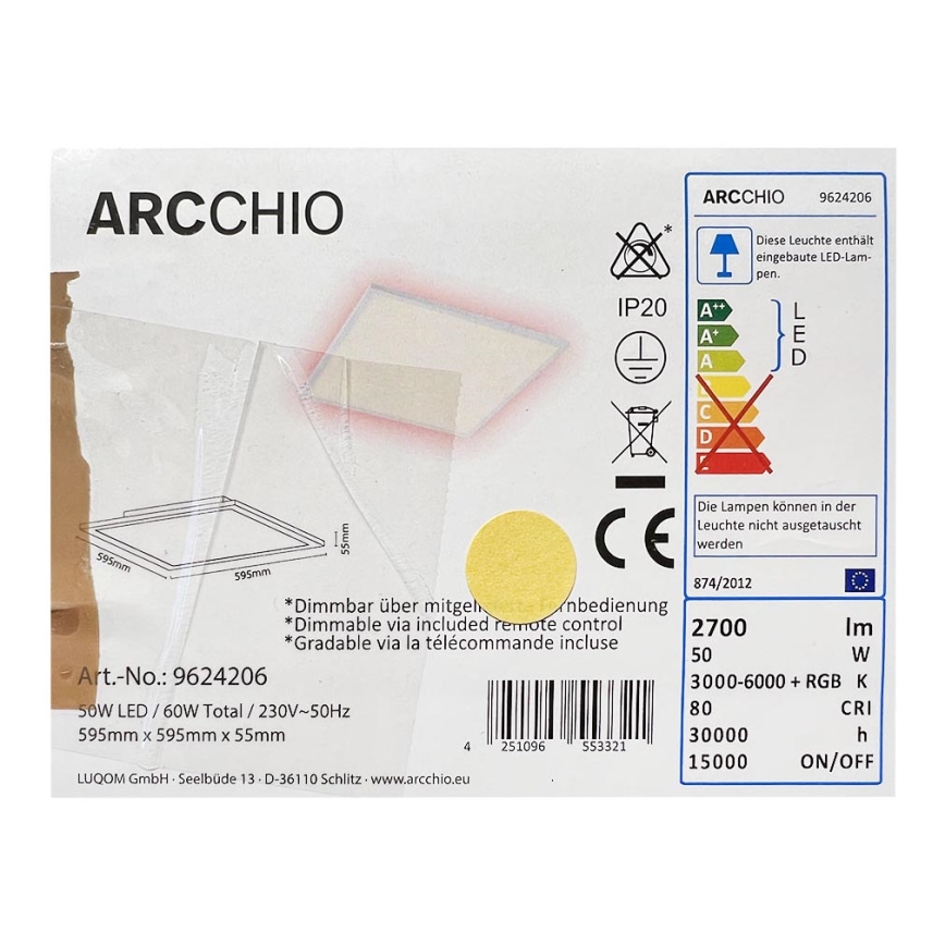 Arcchio - Plafonnier à intensité variable LED RGBW BRENDA LED/50W/230V 3000-6000K + télécommande
