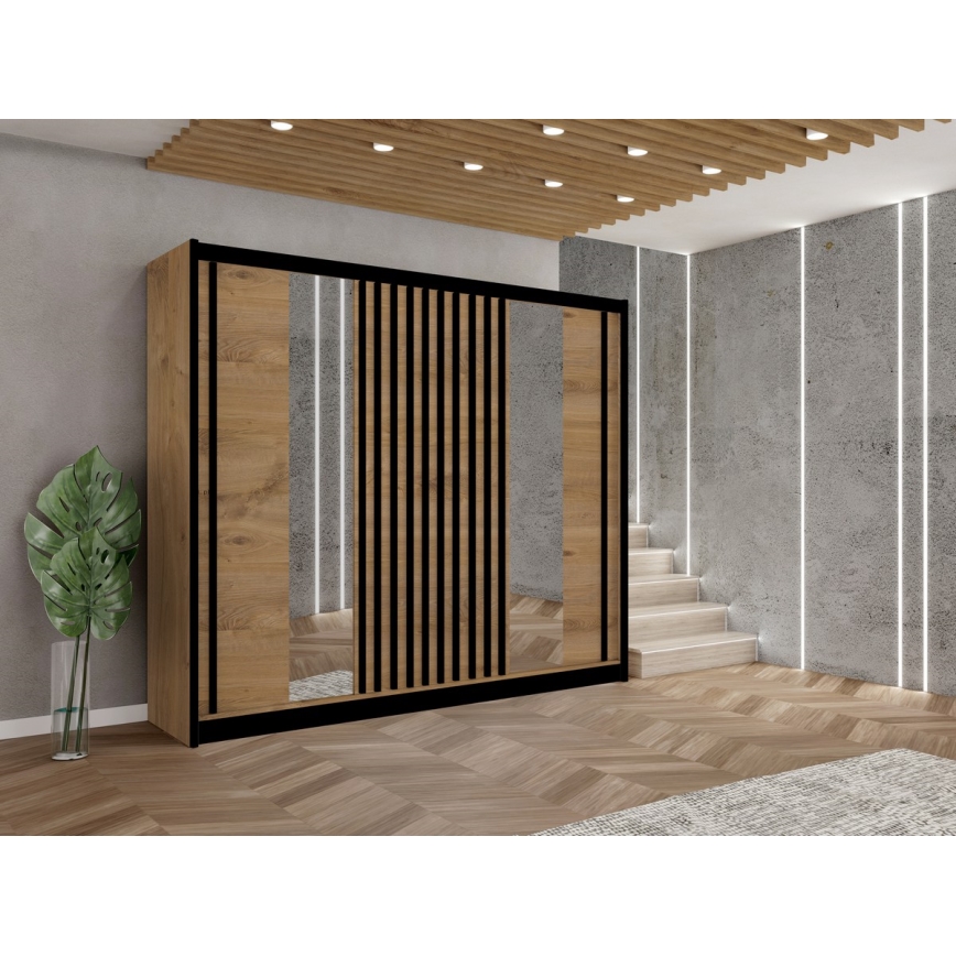 Armoire avec miroir SANTINO 250x215 cm chêne craft/noir