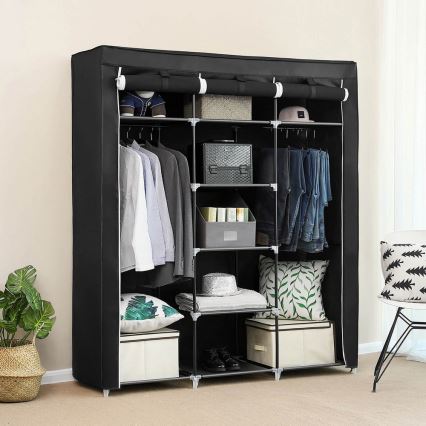 Armoire de rangement en tissu avec étagères et tringle à vêtements MATIS 150x175 cm noire