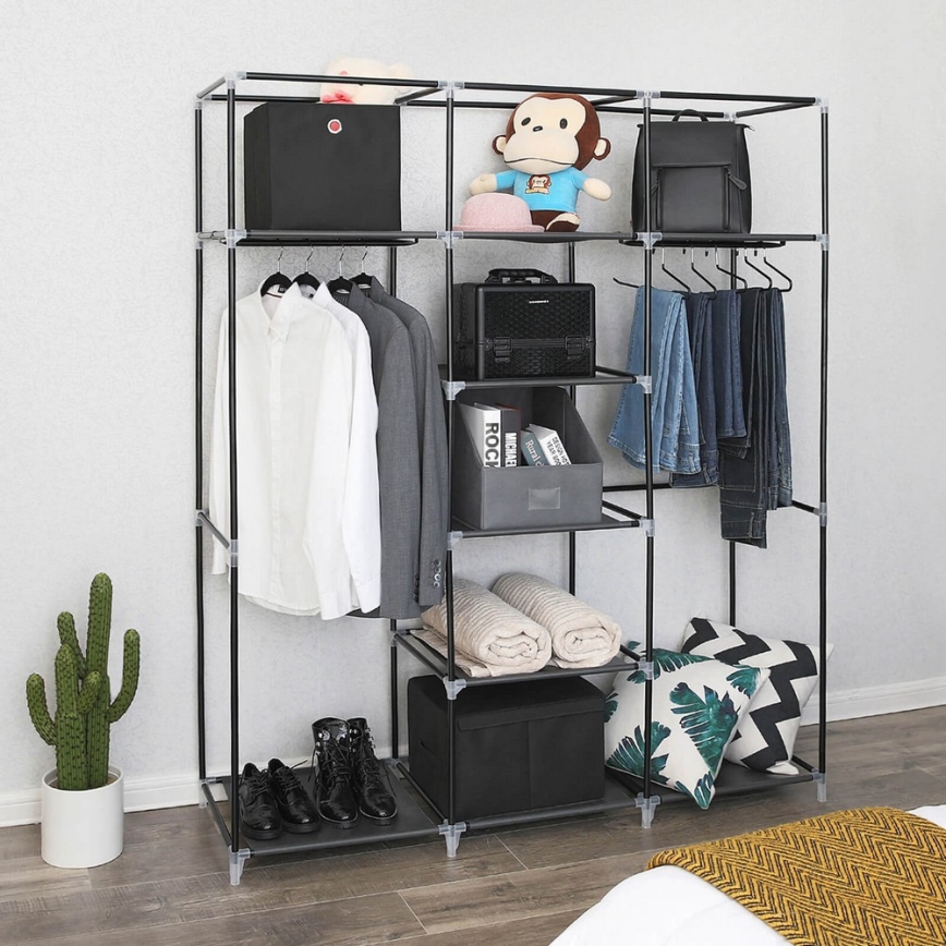 Armoire de rangement en tissu avec étagères et tringle à vêtements MATIS 150x175 cm noire