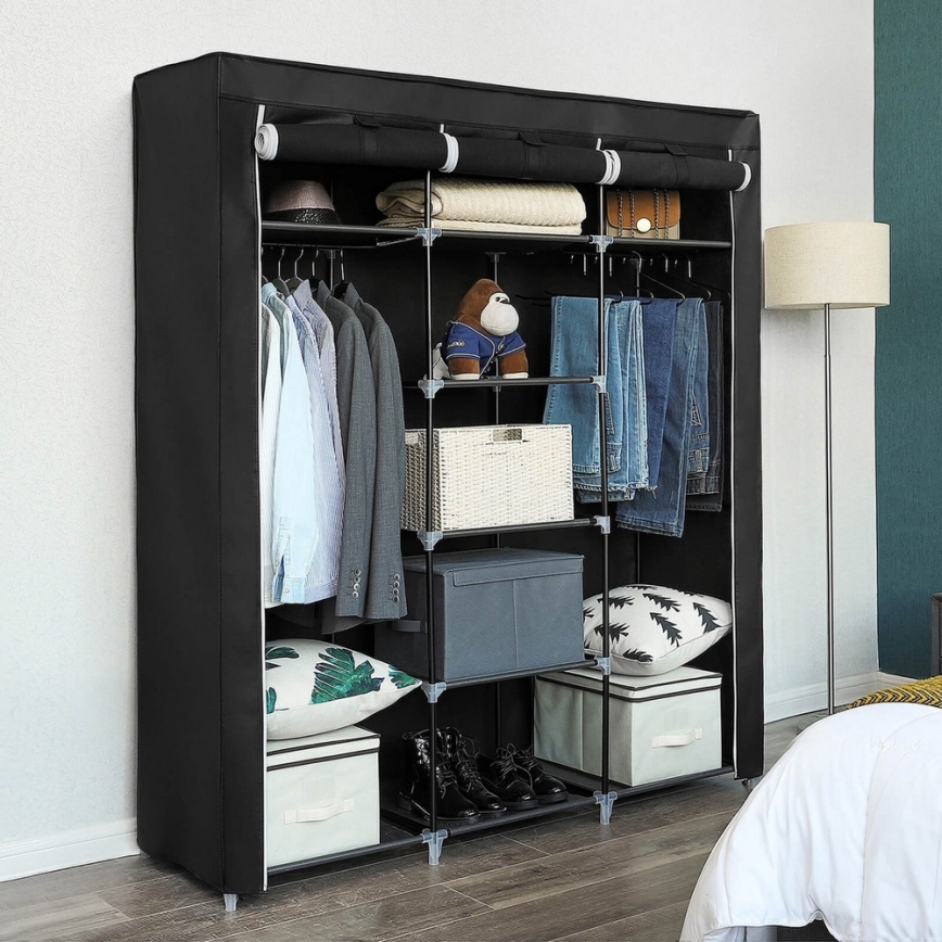 Armoire de rangement en tissu avec étagères et tringle à vêtements MATIS 150x175 cm noire