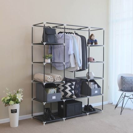 Armoire de rangement en tissu avec étagères et tringle MATIS 150x175 cm noire