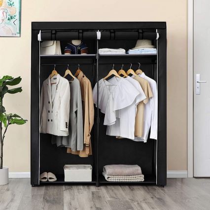 Armoire de rangement en tissu MATIS 140 x 174 cm, noire, avec étagères et tringle à vêtements