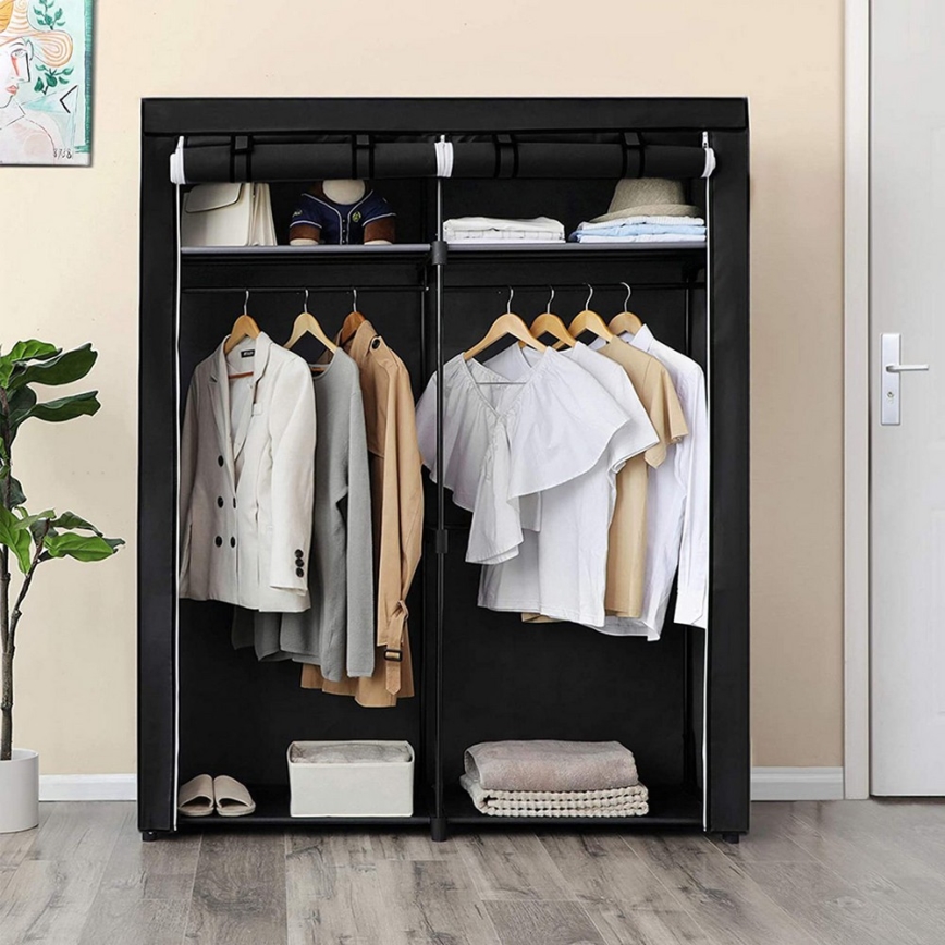Armoire de rangement en tissu MATIS 140 x 174 cm, noire, avec étagères et tringle à vêtements