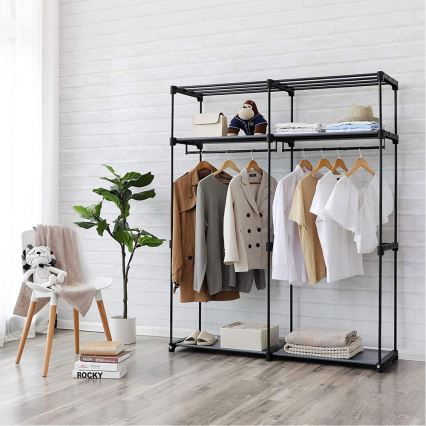 Armoire de rangement en tissu MATIS 140 x 174 cm, noire, avec étagères et tringle à vêtements