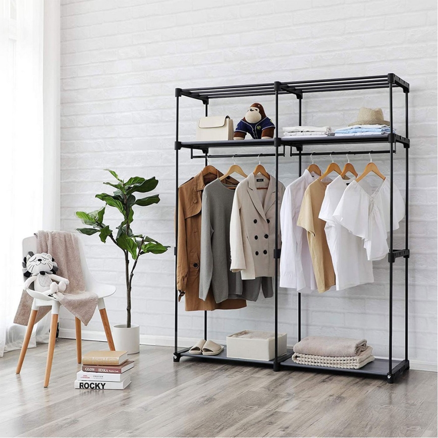 Armoire de rangement en tissu MATIS 140 x 174 cm, noire, avec étagères et tringle à vêtements