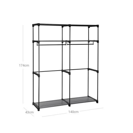 Armoire de rangement en tissu MATIS 140 x 174 cm, noire, avec étagères et tringle à vêtements