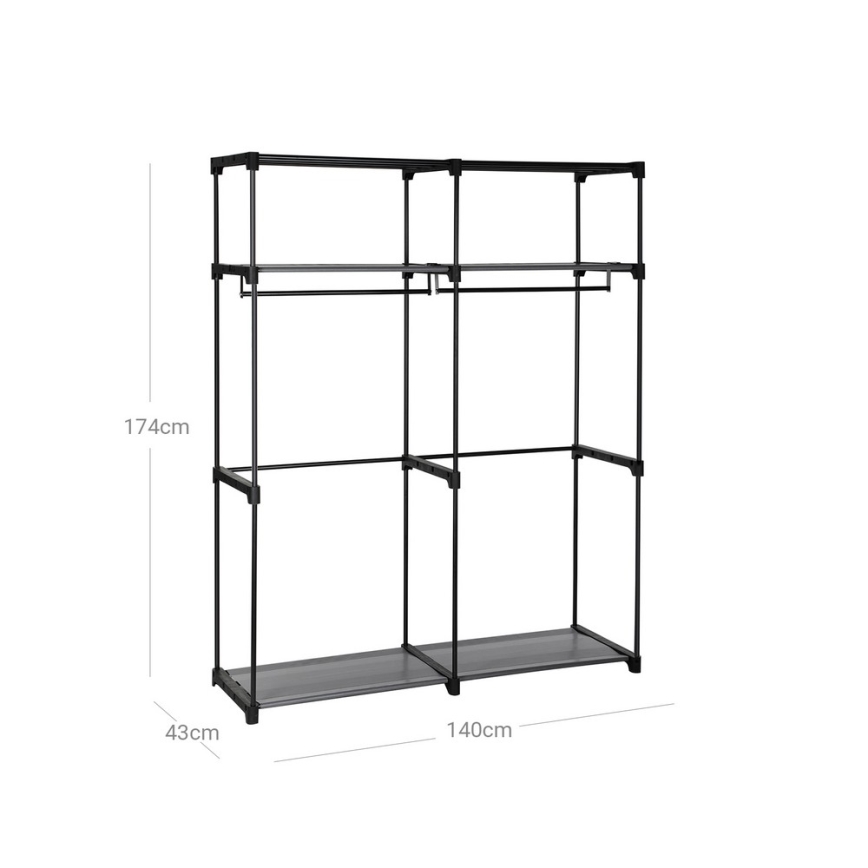 Armoire de rangement en tissu MATIS 140x174 cm, grise, équipée d'étagères et d'une barre de penderie