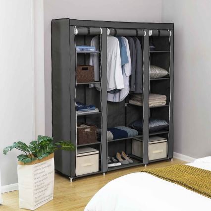 Armoire de rangement en tissu MATIS 150 x 175 cm avec étagères et tringle à vêtements, grise