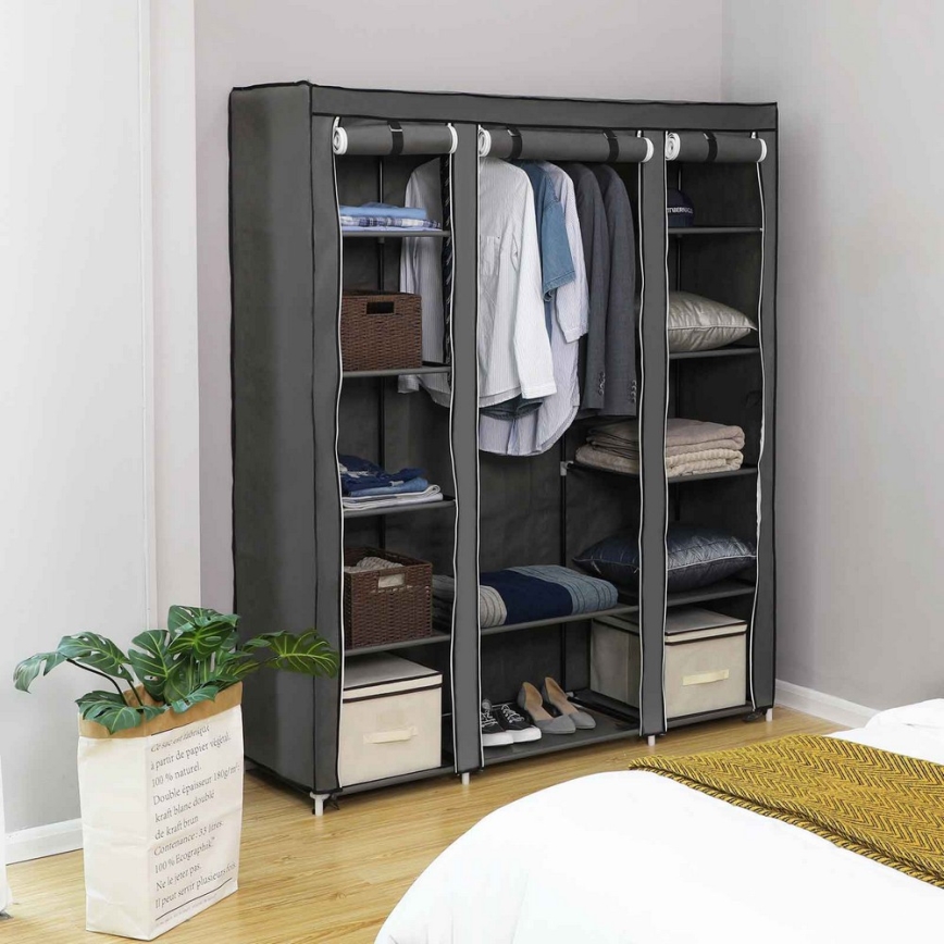 Armoire de rangement en tissu MATIS 150 x 175 cm avec étagères et tringle à vêtements, grise