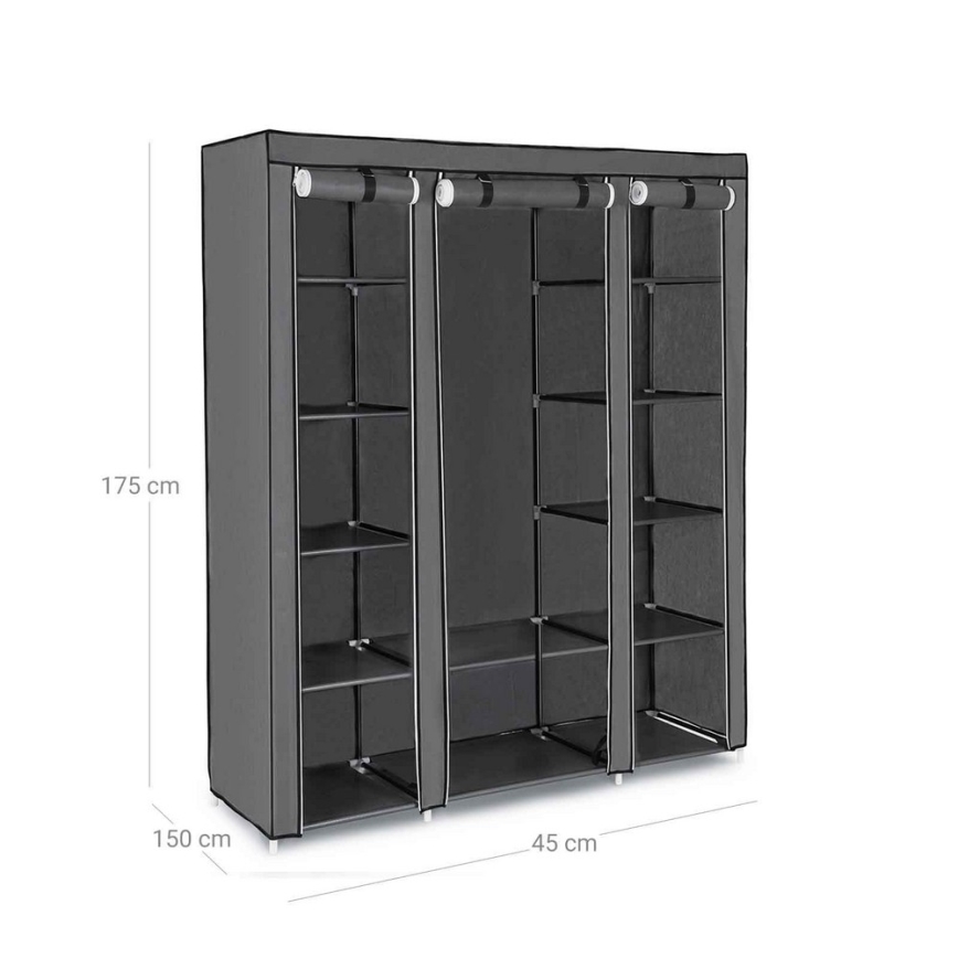 Armoire de rangement en tissu MATIS 150 x 175 cm avec étagères et tringle à vêtements, grise