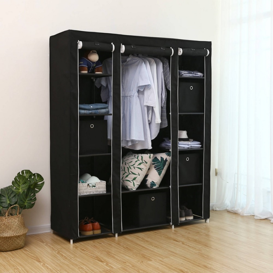 Armoire de rangement en tissu MATIS 150x175x45 cm, noire, avec étagères et tringle de penderie