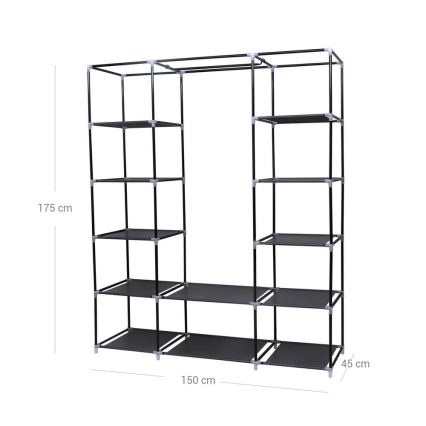 Armoire de rangement en tissu MATIS 150x175x45 cm, noire, avec étagères et tringle de penderie