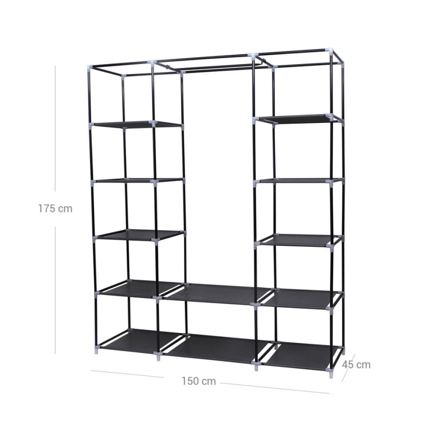Armoire de rangement en tissu MATIS 150x175x45 cm, noire, avec étagères et tringle de penderie