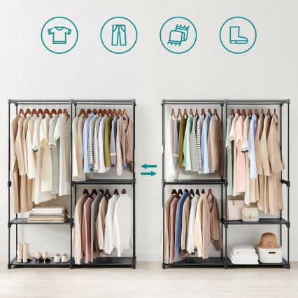 Armoire de rangement MATIS 138x182 cm avec étagères et tringle à vêtements, noire