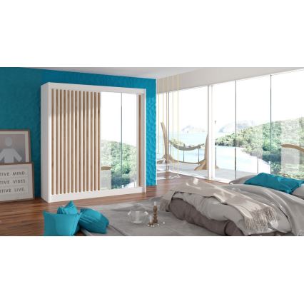 Armoire-penderie avec miroir SANTINO 203x215 cm blanc/chêne craft