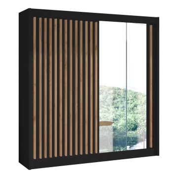 Armoire SANTINO avec miroir 203x215 cm noire/chêne craft