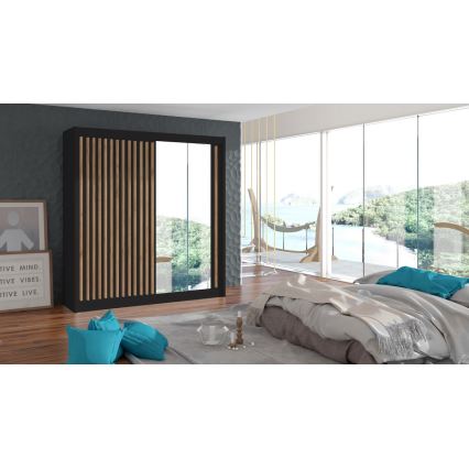 Armoire SANTINO avec miroir 203x215 cm noire/chêne craft