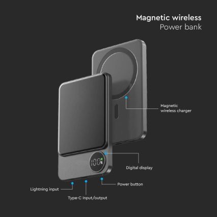 Batterie portative avec écran et charge sans fil Power Delivery 10000mAh/20W/5V noir