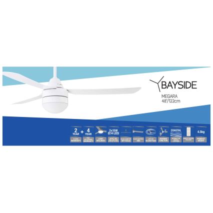 BAYSIDE 531016 - Ventilateur de plafond MEGARA 2xE14/15W/230V blanc + télécommande