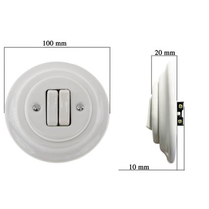 Bohemia-Design - Interrupteur double rétro en porcelaine avec cadre n° 6+6, blanc