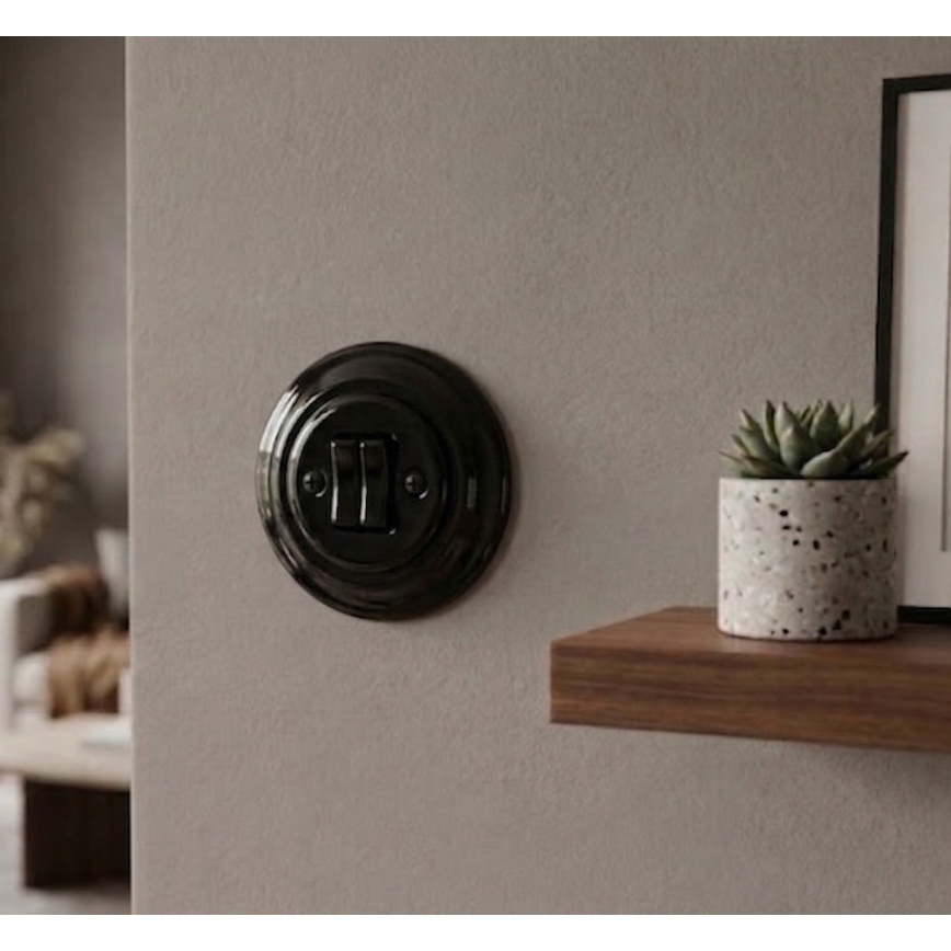 Bohemia-Design - Interrupteur double rétro en porcelaine avec cadre n°5, noir