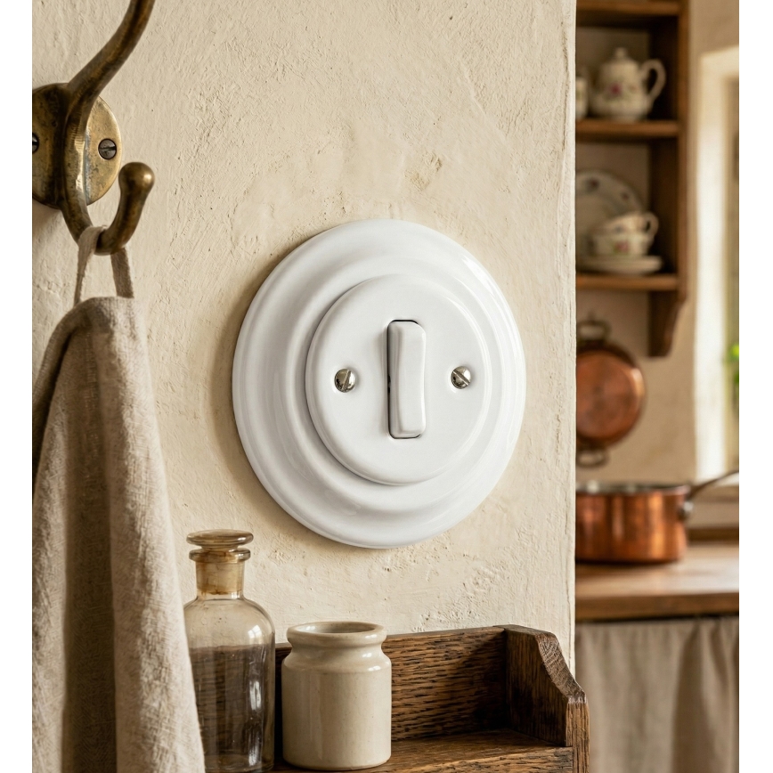 Bohemia-Design - Interrupteur simple rétro en porcelaine avec cadre n° 1 blanc