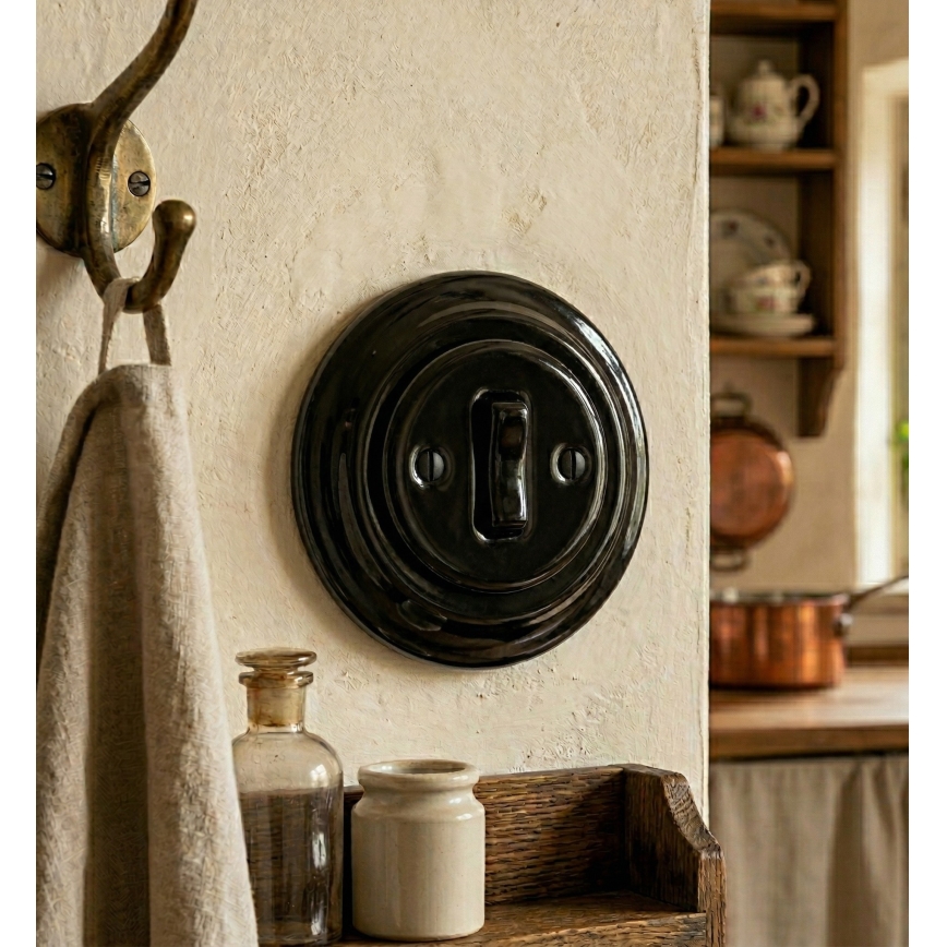 Bohemia-Design - Interrupteur simple rétro en porcelaine avec cadre n° 1, noir