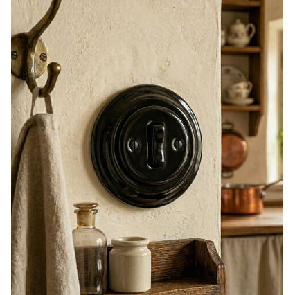 Bohemia-Design - Interrupteur simple rétro en porcelaine avec cadre n° 6, noir