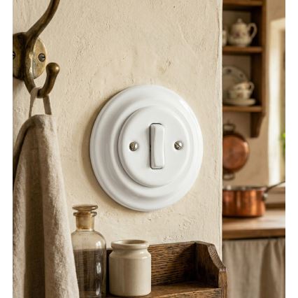Bohemia-Design - Interrupteur simple rétro en porcelaine avec cadre pour sonnette, blanc