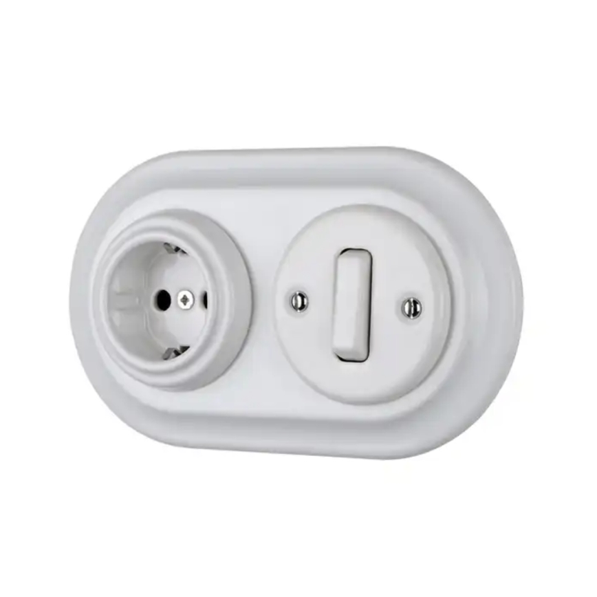 Bohemia-Design - Prise murale rétro en porcelaine, sans cadre, SCHUKO 250V/16A, blanche