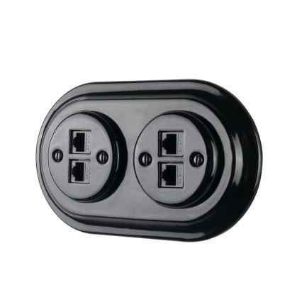 Bohemia-Design - Prise Ethernet rétro en porcelaine avec cadre, 2x CAT5e, noire