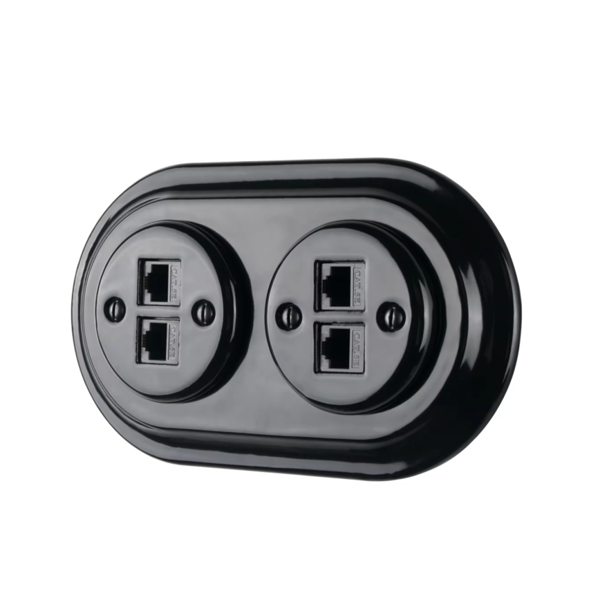 Bohemia-Design - Prise Ethernet rétro en porcelaine avec cadre, 2x CAT5e, noire