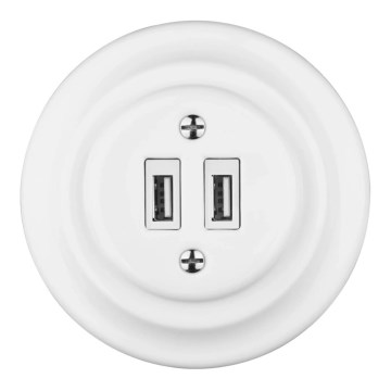 Bohemia-Design - Prise murale rétro en porcelaine avec cadre, 2x USB-A, blanche