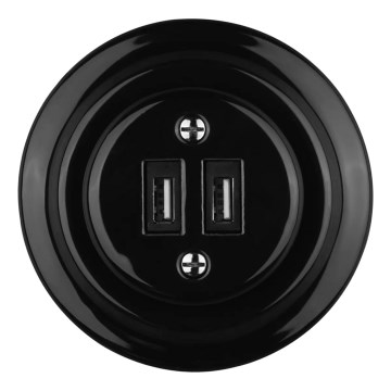 Bohemia-Design - Prise murale rétro en porcelaine avec cadre, 2x USB-A, noire