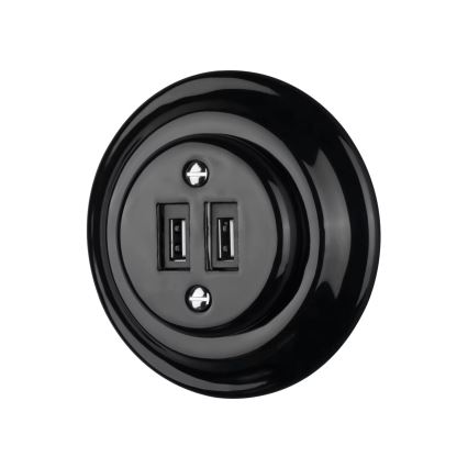 Bohemia-Design - Prise murale rétro en porcelaine avec cadre, 2x USB-A, noire