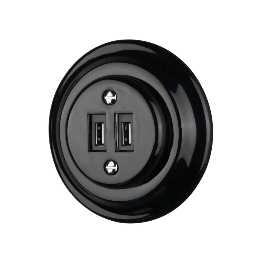 Bohemia-Design - Prise murale rétro en porcelaine avec cadre, 2x USB-A, noire