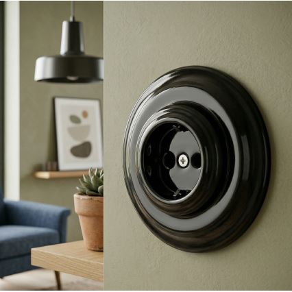 Bohemia-Design - Prise murale rétro en porcelaine avec cadre SCHUKO 250 V/16 A, noire