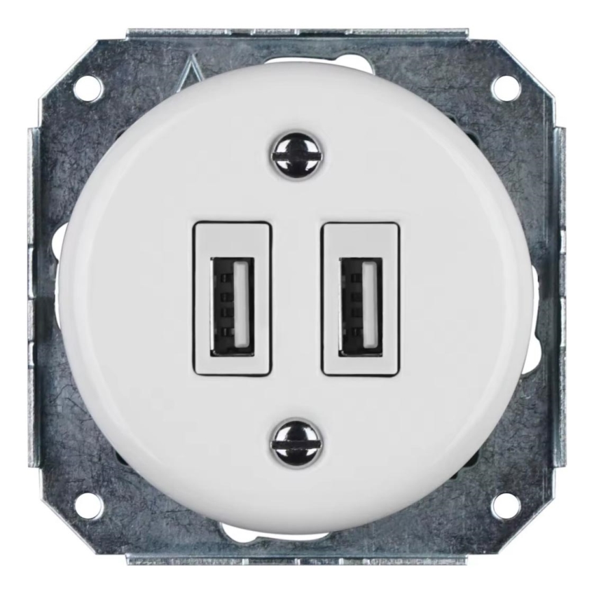 Bohemia-Design -Prise USB rétro en porcelaine sans cadre 2x USB-A blanche